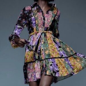 Zara Multi‑Color Floral Patchwork Long‑Sleeve Shirt Dress